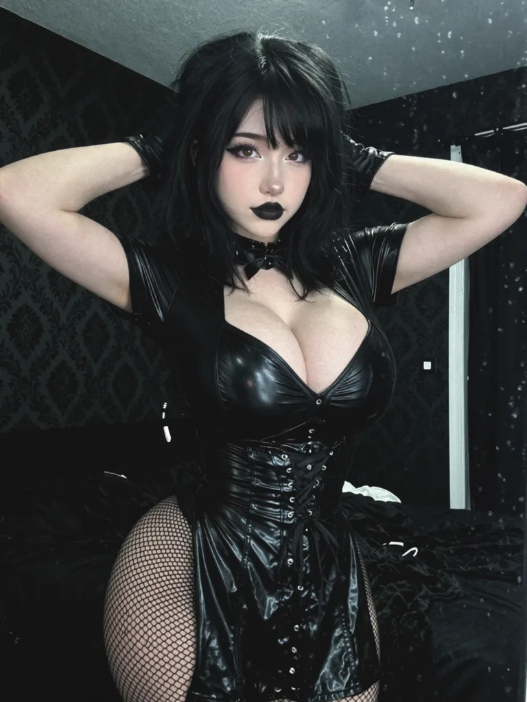Raven — AI character portrait, dark leather-and-fishnet look